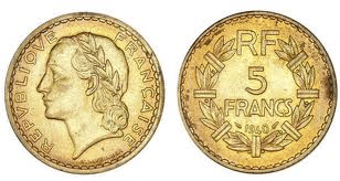 Pièce de 5 Francs Lavrillier en bronze et en aluminium de 1940